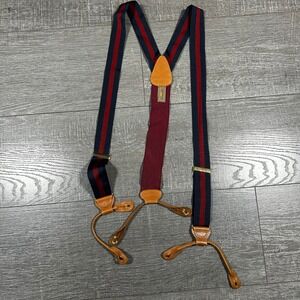 Trafalgar Mens Navy Red Striped Grosgrain Y-Back Suspenders Leather Button Ends